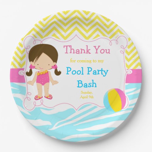 Brunette Girl Pool Party Bash Party Paper Plates