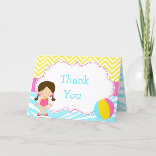 Brunette Girl Pool Party Bash Party Thank You Card