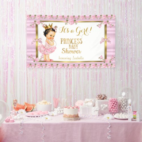 Brunette Girl Princess Baby Shower Pink Gold Tutu Banner