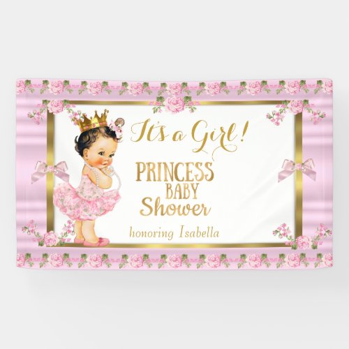 Brunette Girl Princess Baby Shower Pink Gold Tutu Banner