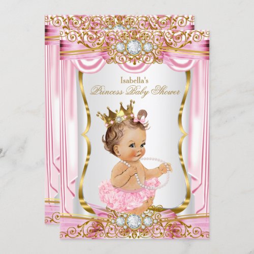 Brunette Girl Princess Baby Shower Pink Silk Gold Invitation
