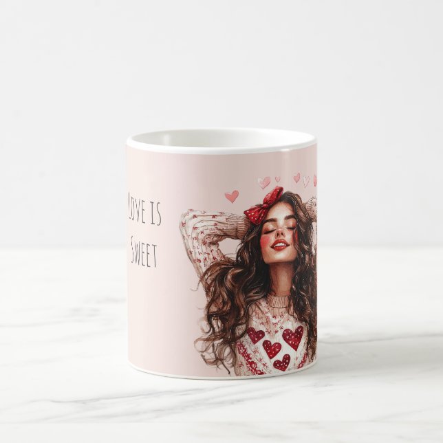 Brunette Girl Red Hearts Valentine's Day Love Coffee Mug (Center)