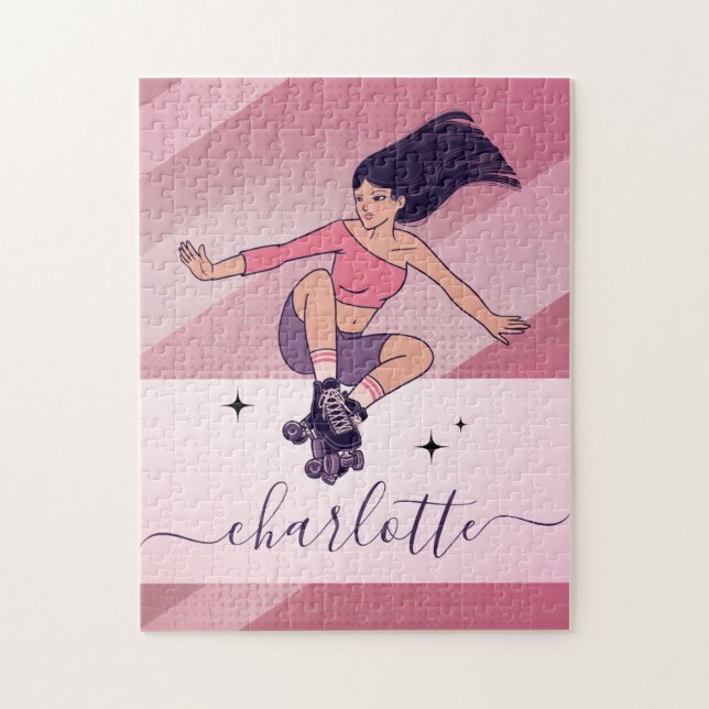 Brunette Girl Rollerblading Skating Skater Name Jigsaw Puzzle (Vertical)