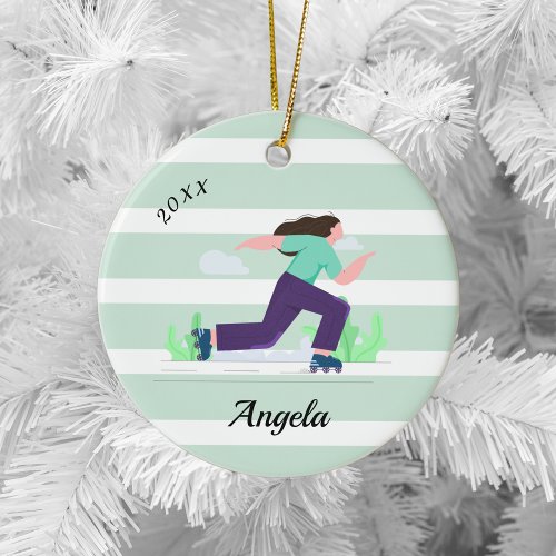 Brunette Girl Skating Rollerblading Name &amp; Year  Ceramic Ornament