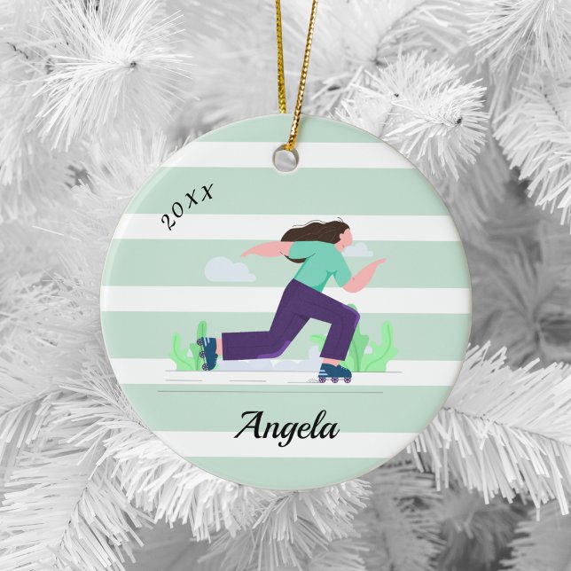 Brunette Girl Skating Rollerblading Name & Year  Ceramic Ornament (Creator Uploaded)