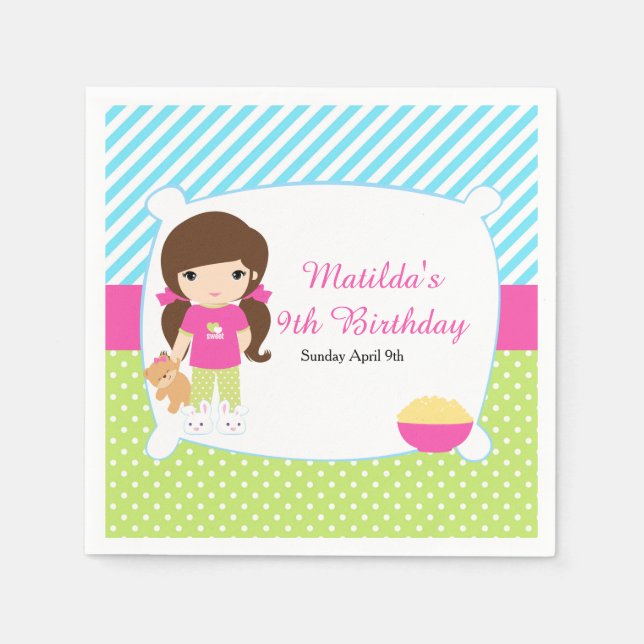 Brunette Girl Sleepover Slumber Party Napkins (Front)