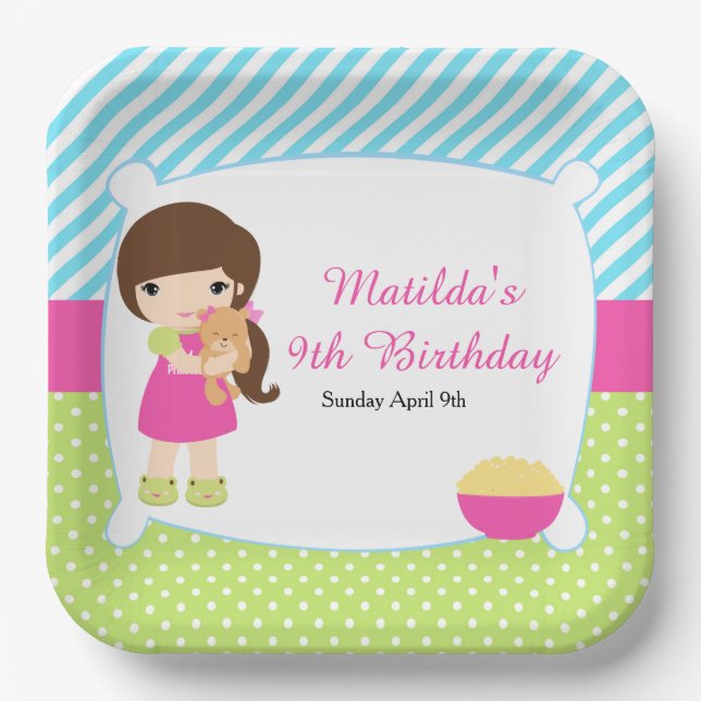 Brunette Girl Sleepover Slumber Party Paper Plates (Front)
