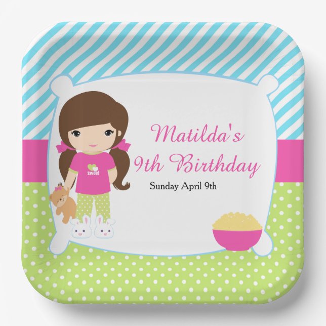 Brunette Girl Sleepover Slumber Party Paper Plates (Front)