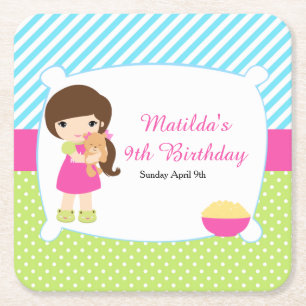 Brunette Girl Sleepover Slumber Party Square Paper Coaster