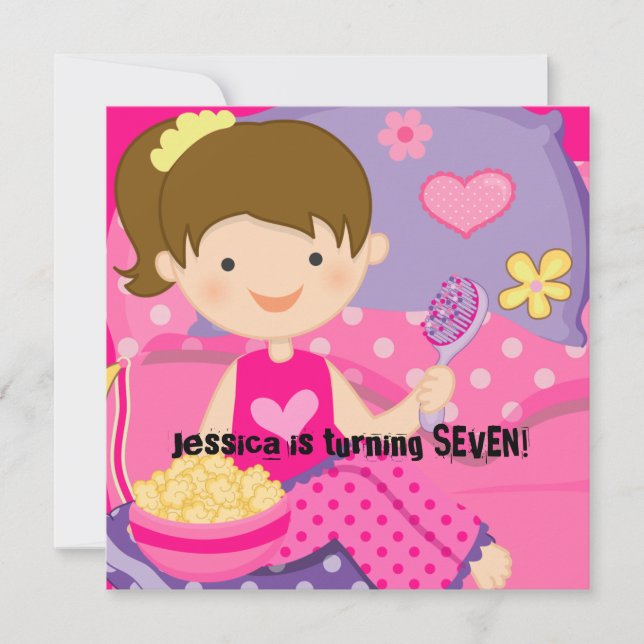Brunette Girl Slumber Party Birthday Invitation (Front)