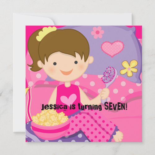 Brunette Girl Slumber Party Birthday Invitation