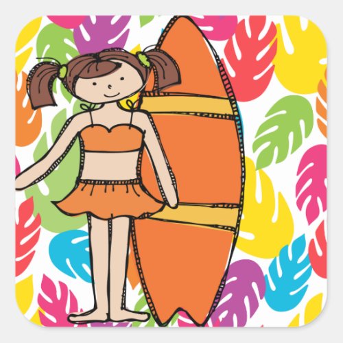 Brunette Girl Surfer Stickers