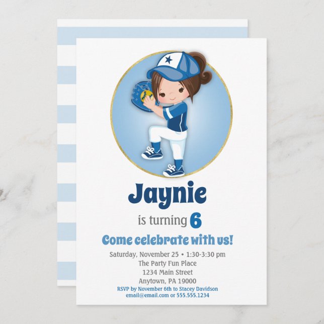 Brunette Girls Blue Softball Birthday Invitation (Front/Back)