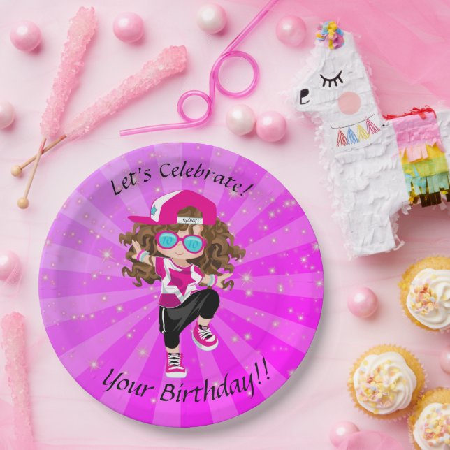 Brunette Girls Hip Hop Dance Happy Birthday Party Paper Plates (Party)