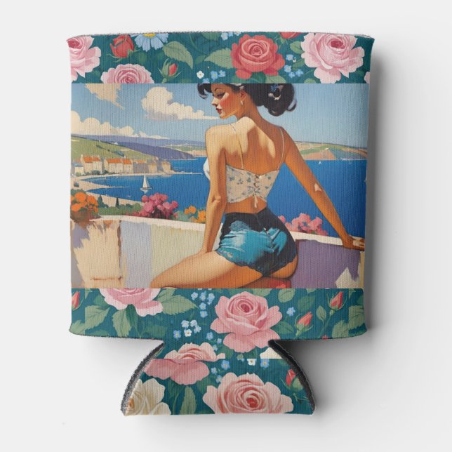 Brunette Girls Overlooking Floral Island Paradise Can Cooler (Front)
