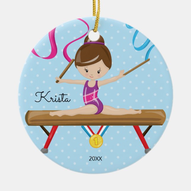 Brunette Gymnast Gymnastics Christmas Ornament (Front)