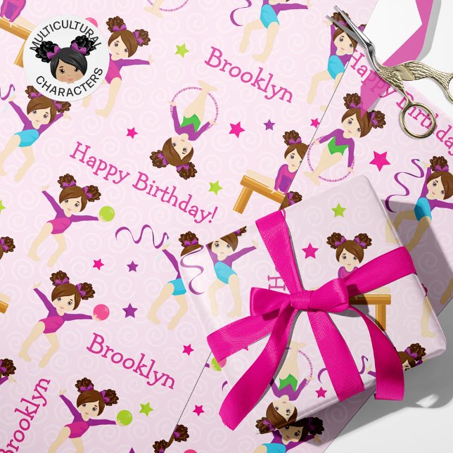 Brunette Gymnastics Birthday Wrapping Paper (Creator Uploaded)
