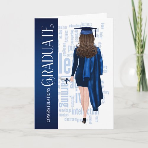 Brunette Hair Blue Cap and Gown Female Graduate Card