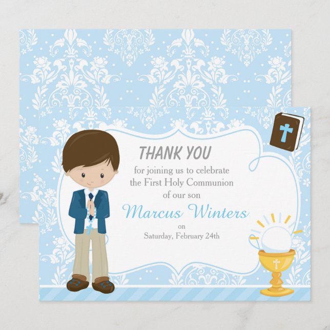 Brunette Hair Boy First Communion Damask Thank You Card (Front/Back)