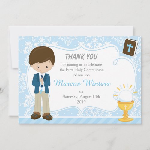 Brunette Hair Boy First Communion Thank You Invitation