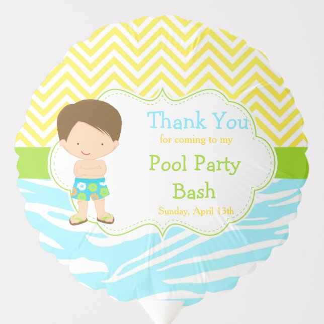 Brunette Hair Boy Pool Party Bash Party Balloon (Front)