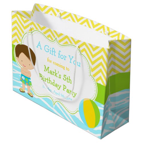 Brunette Hair Boy Pool Party Bash Party Thank You Large Gift Bag