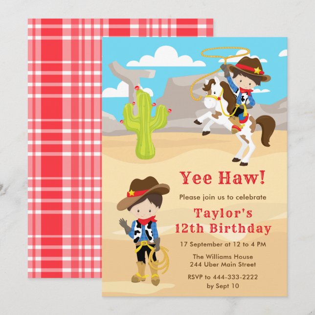 Brunette Hair Cowboy Birthday Party Invitation (Front/Back)