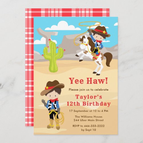 Brunette Hair Cowboy Birthday Party Invitation