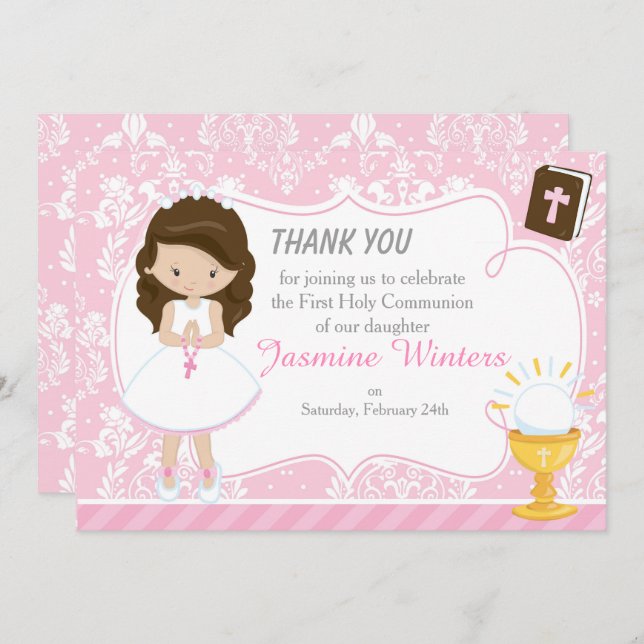 Brunette Hair Girl First Communion Thank You (Front/Back)