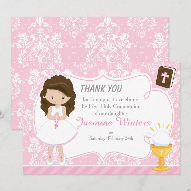 Brunette Hair Girl First Communion Thank You Card (Front/Back)