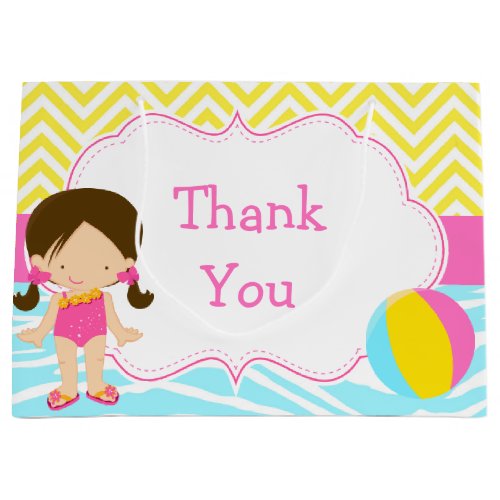 Brunette Hair Girl Pool Party Bash Thank You Large Gift Bag