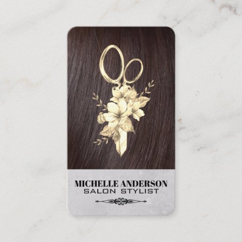 Brunette Hair | Gold Salon Scissors Business Card