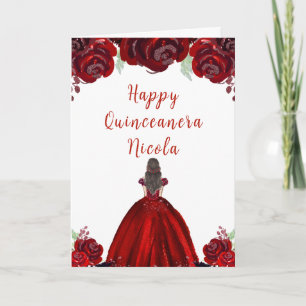 Brunette Hair Princess Red Floral Quinceanera Card