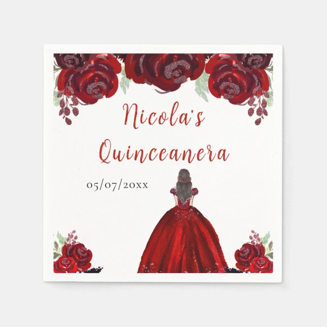 Brunette Hair Princess Red Floral Quinceanera Napkins (Front)
