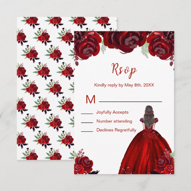 Brunette Hair Princess Red Floral Quinceanera RSVP Card (Front/Back)