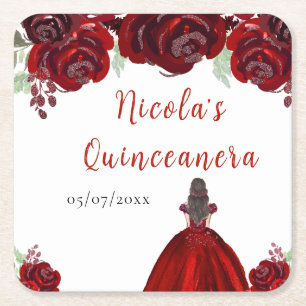 Brunette Hair Princess Red Floral Quinceanera Square Paper Coaster
