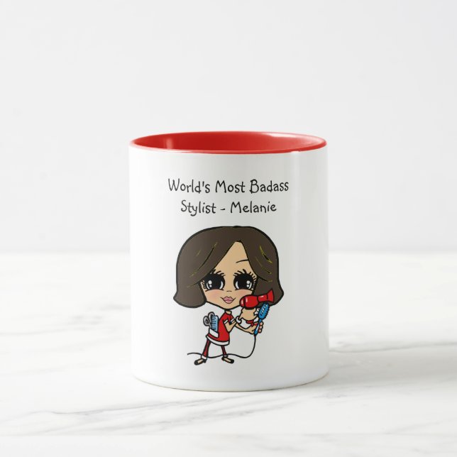 Brunette Hair Stylist Caricature MUG Personalized (Center)