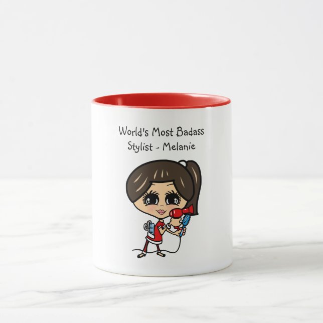 Brunette Hair Stylist Caricature MUG Personalized (Center)