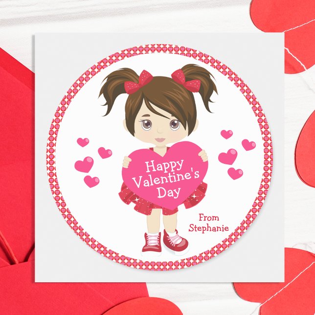 Brunette Happy Valentine's Day Classic Round Sticker (Creator Uploaded)