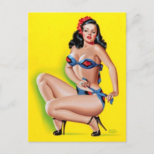 Brunette in Bikini Pin Up Postcard