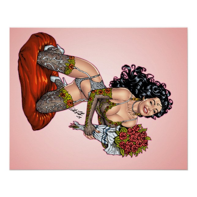 Brunette in Lingerie with Roses Illustration Poster (Front)