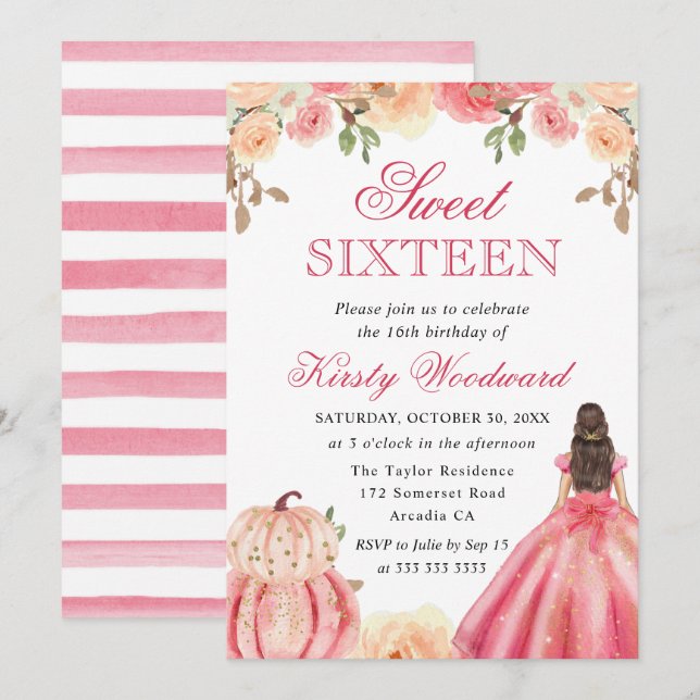 Brunette in Pink Dress Floral Pumpkins Sweet 16 Invitation (Front/Back)