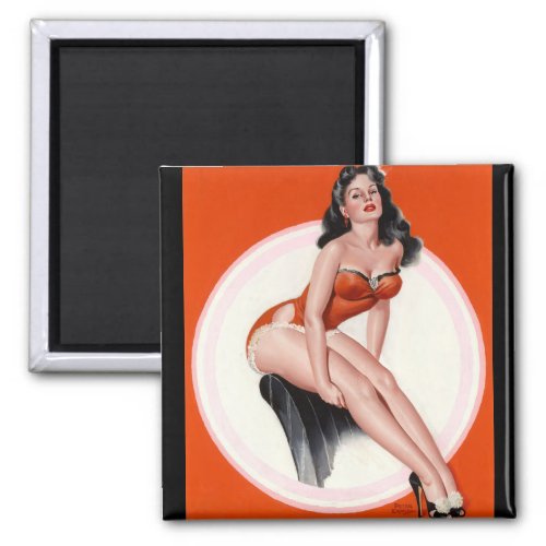 Brunette in Red Bathing Suit Pin Up Art Magnet
