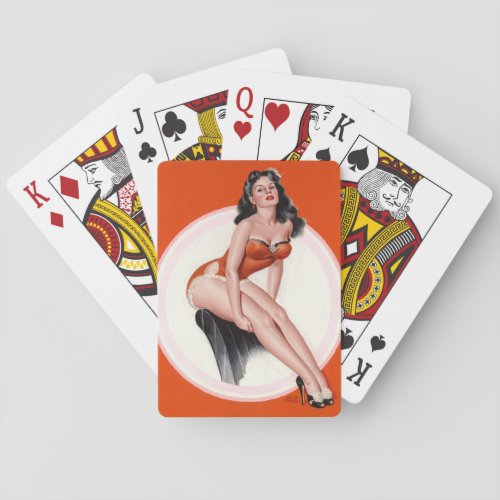 Brunette in Red Bathing Suit Pin Up Art Playing Cards