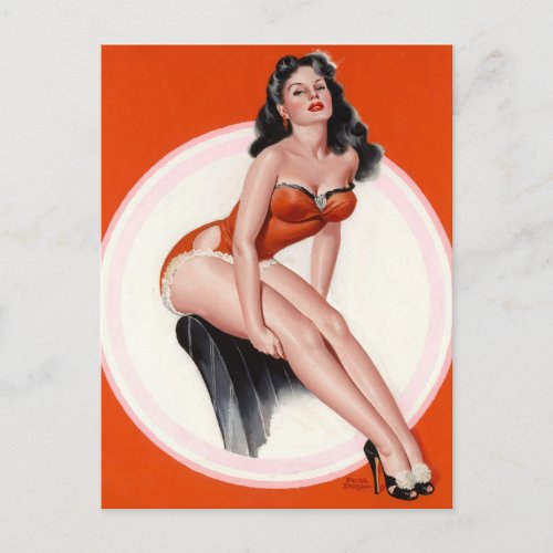 Brunette in Red Bathing Suit Pin Up Art Postcard