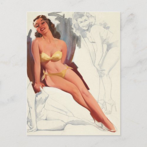 Brunette in Yellow Bikini Pin Up Art Postcard
