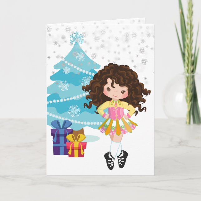 Brunette Irish Dancer Winter Christmas Holiday Card (Front)