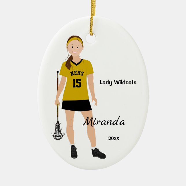 Brunette Lacrosse Player In Black And Yellow Ceramic Ornament (Front)