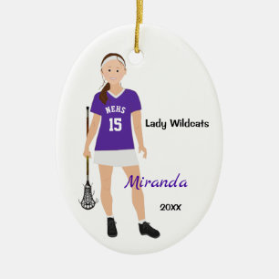 Brunette Lacrosse Player In Purple And White Ceramic Ornament