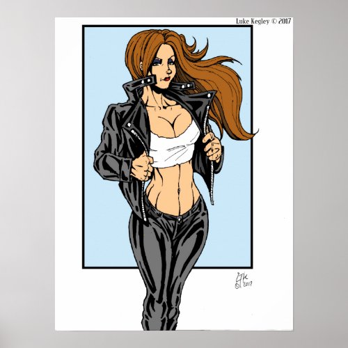 Brunette Leather Biker Chick Poster